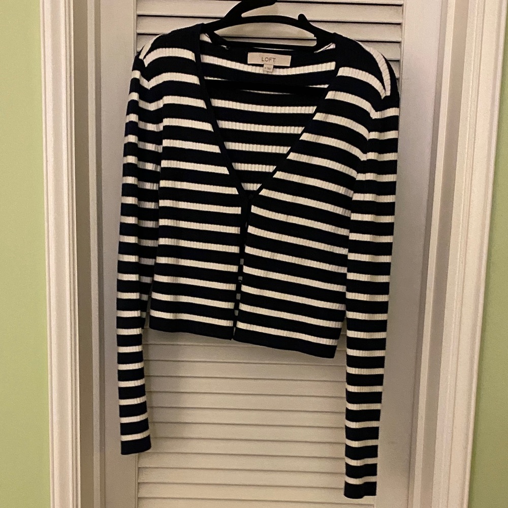 LOFT Women's Black and White Striped Cardigan